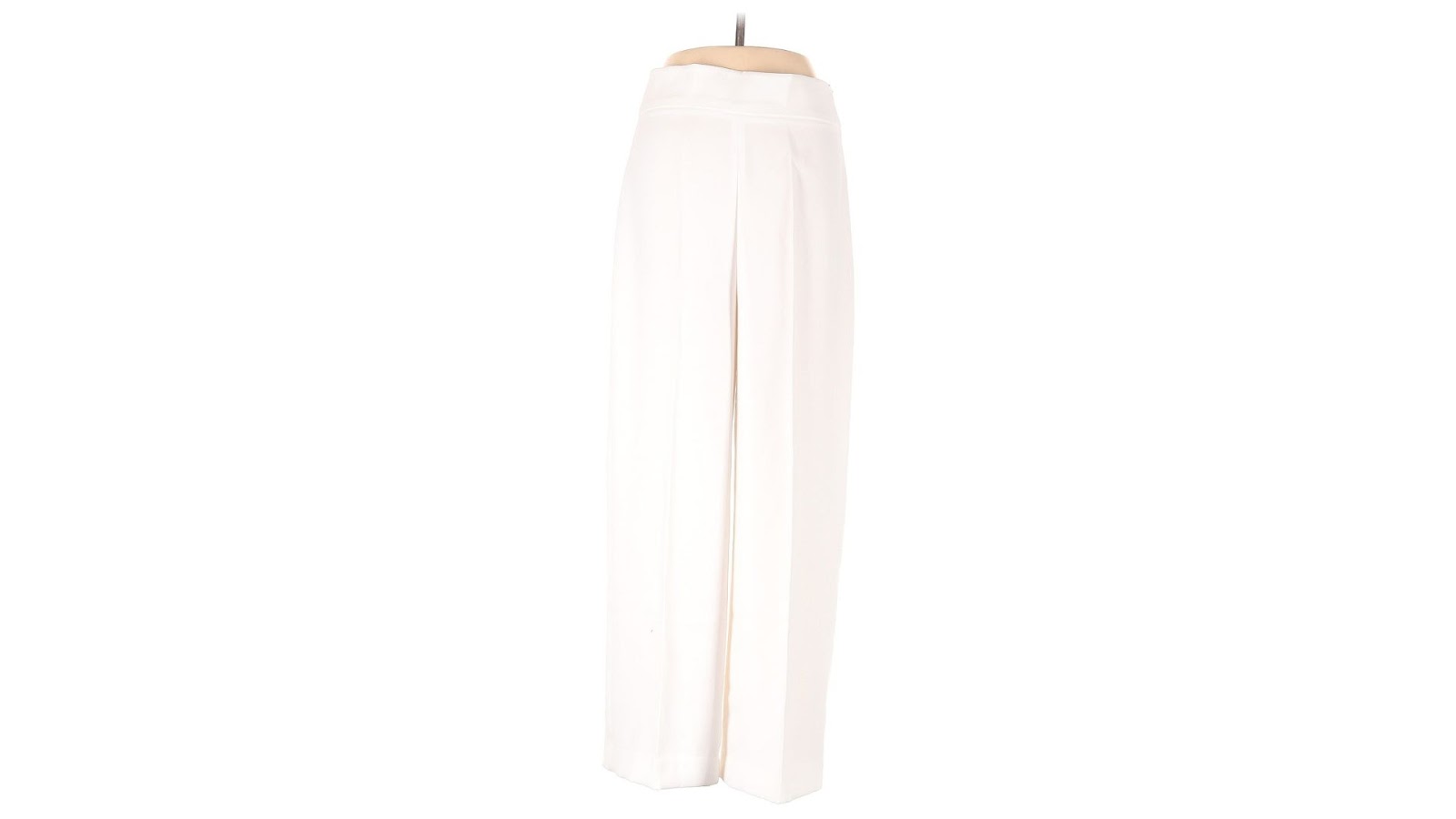 A pair of white wide-leg, high-waist pants on a torso-only mannequin.