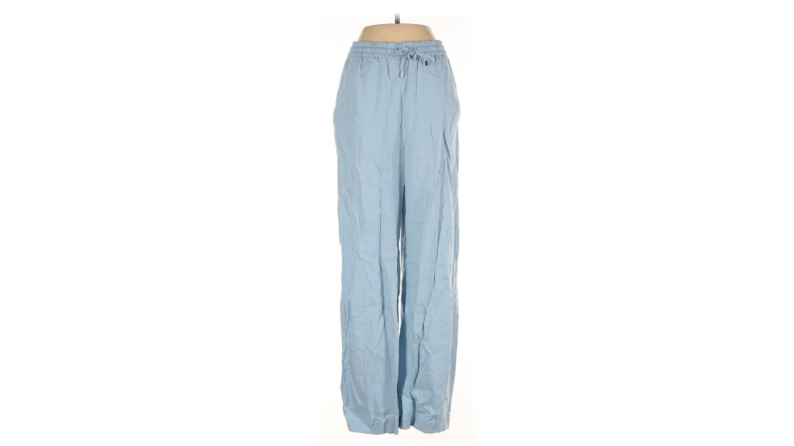 A pair of blue straight linen pants on a torso-only mannequin.