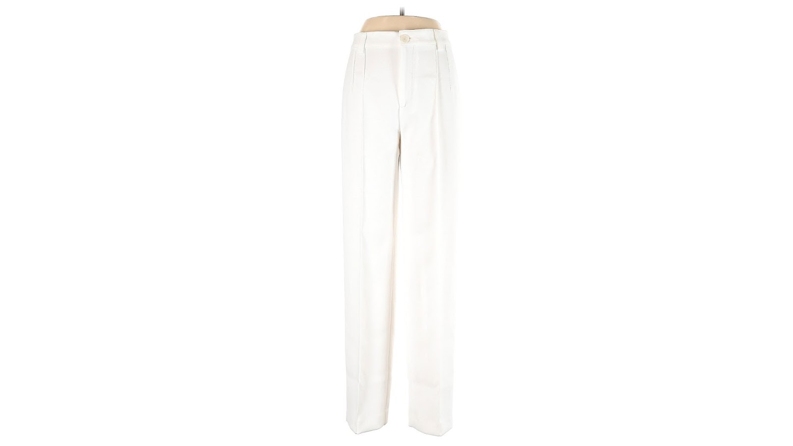 A pair of pleated white pants on a torso-only mannequin.