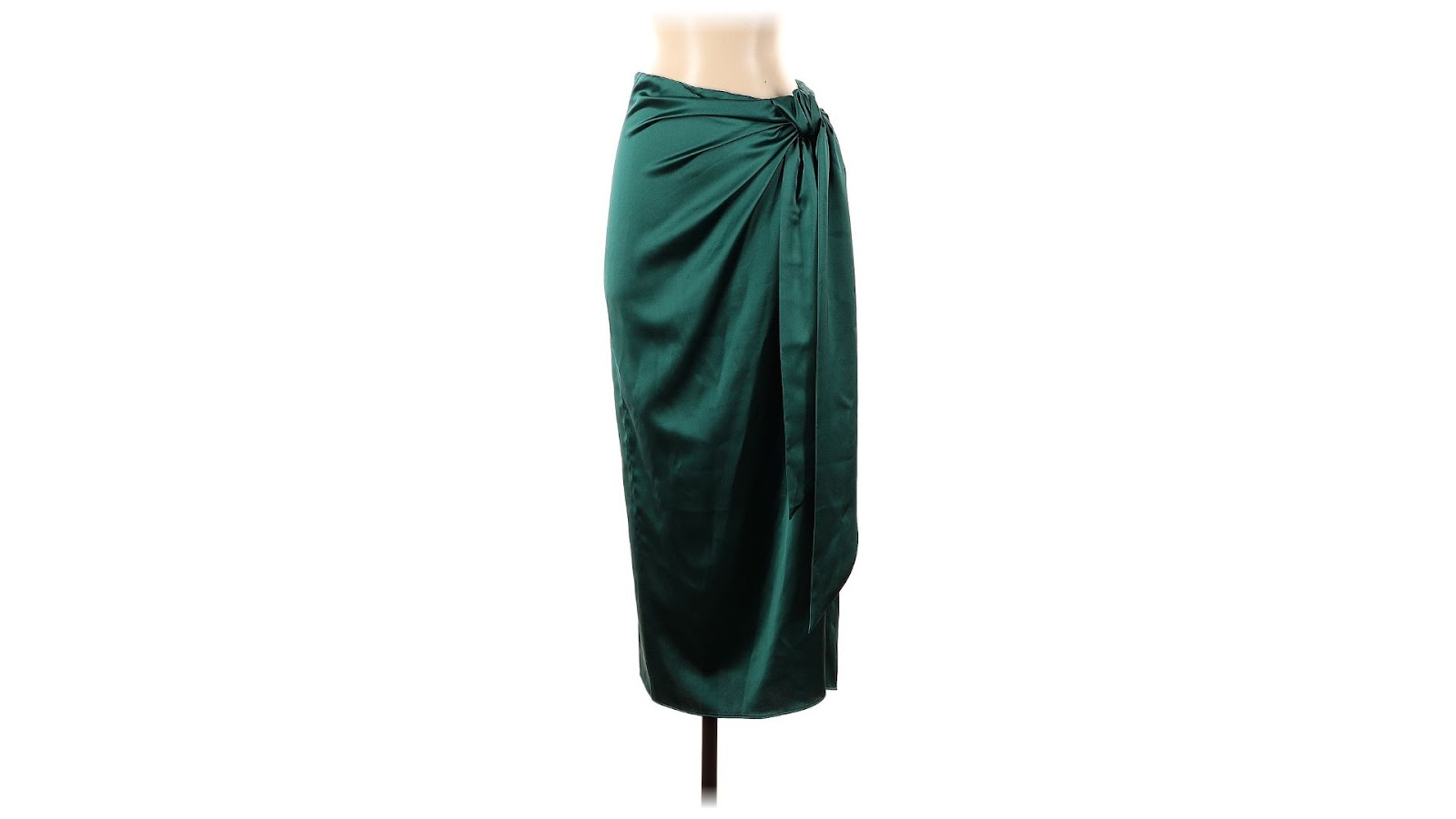 A green satin midi skirt on a torso-only mannequin.