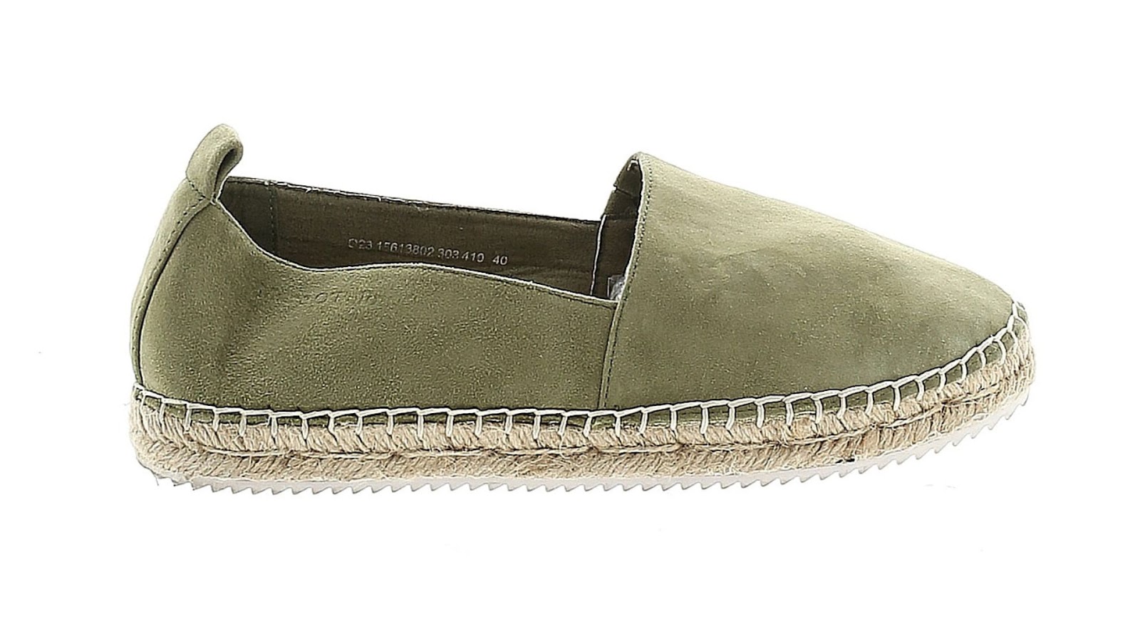 A green espadrille on a white background.