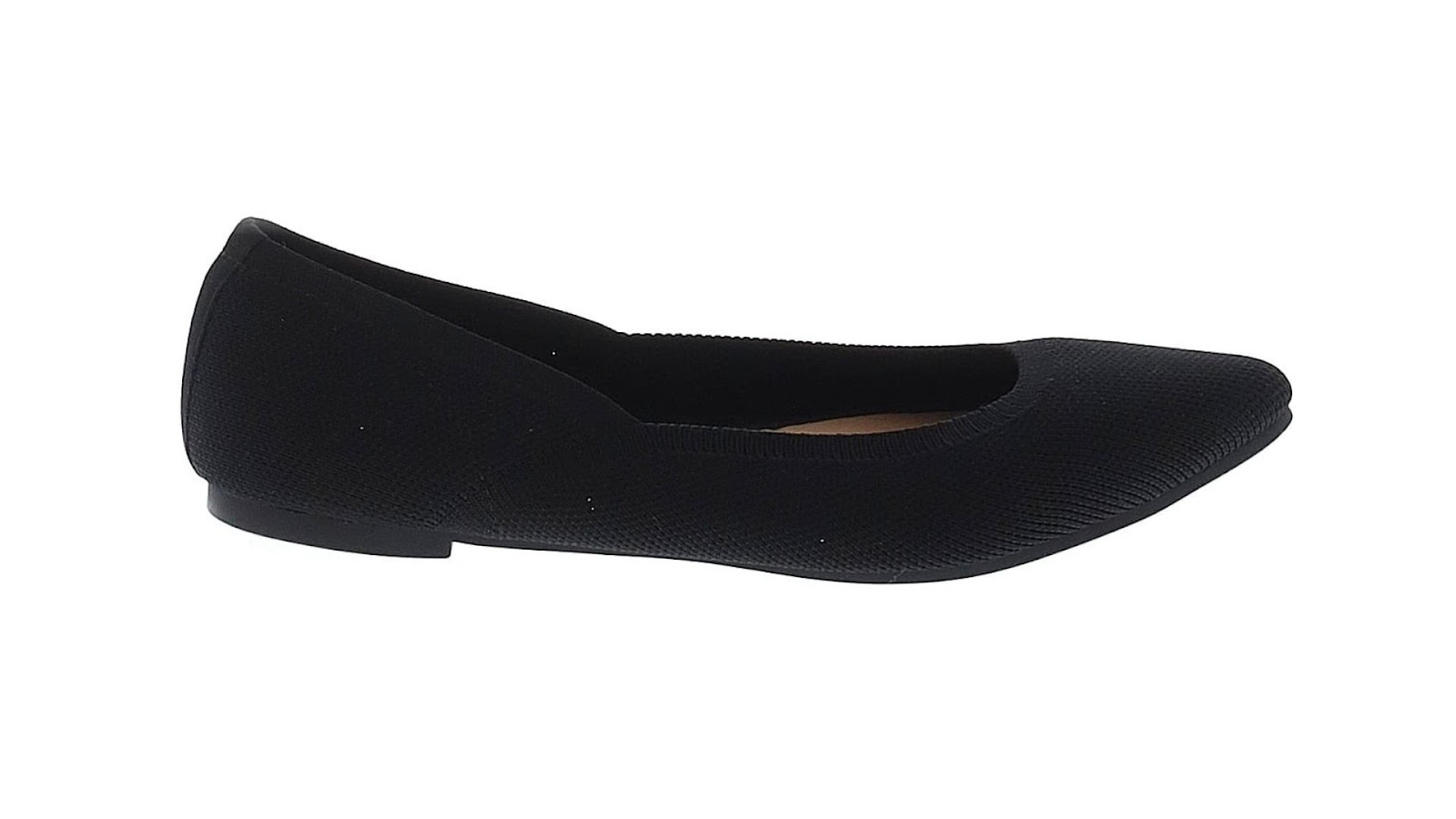 A black ballet flat on a white background.