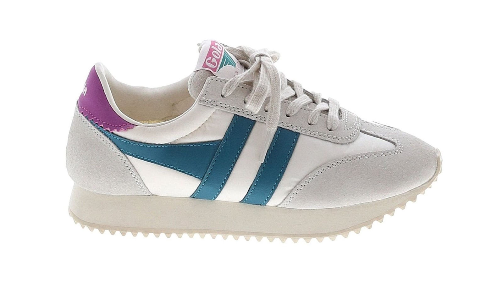 A white Gola retro sneaker with green, gray, and burgundy details on a white background.