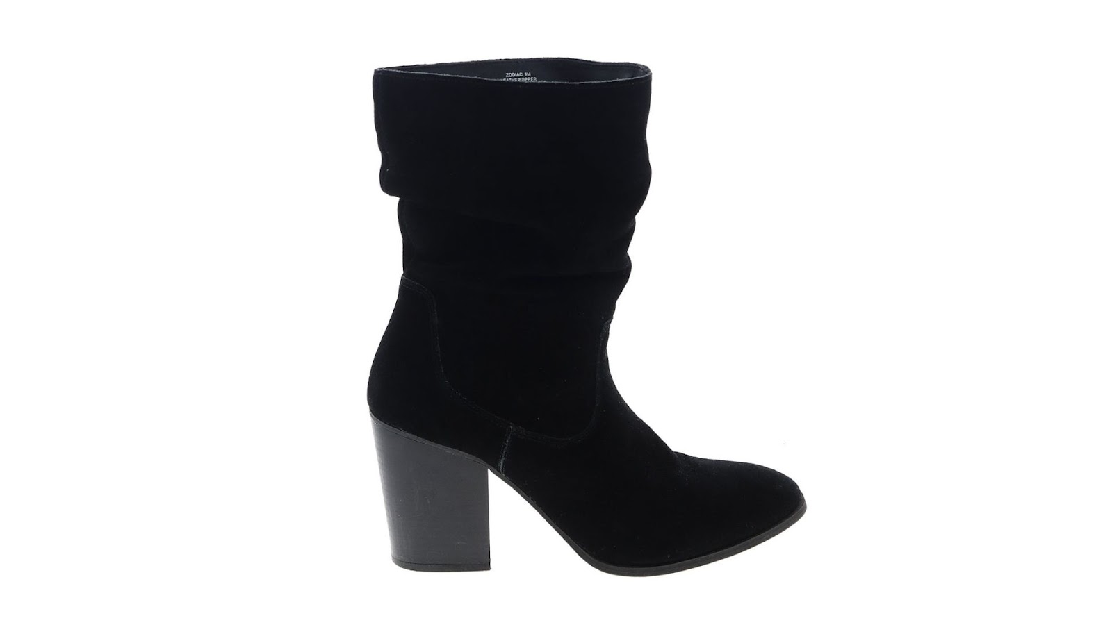 A black heeled boot on a white background.