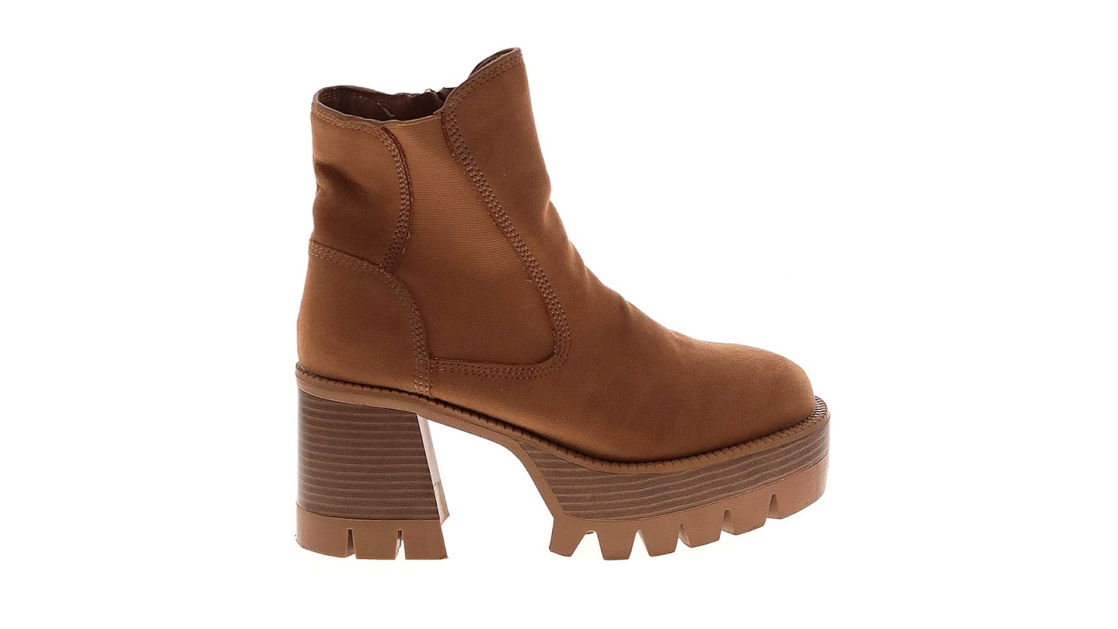 A brown chunky-heeled boot.