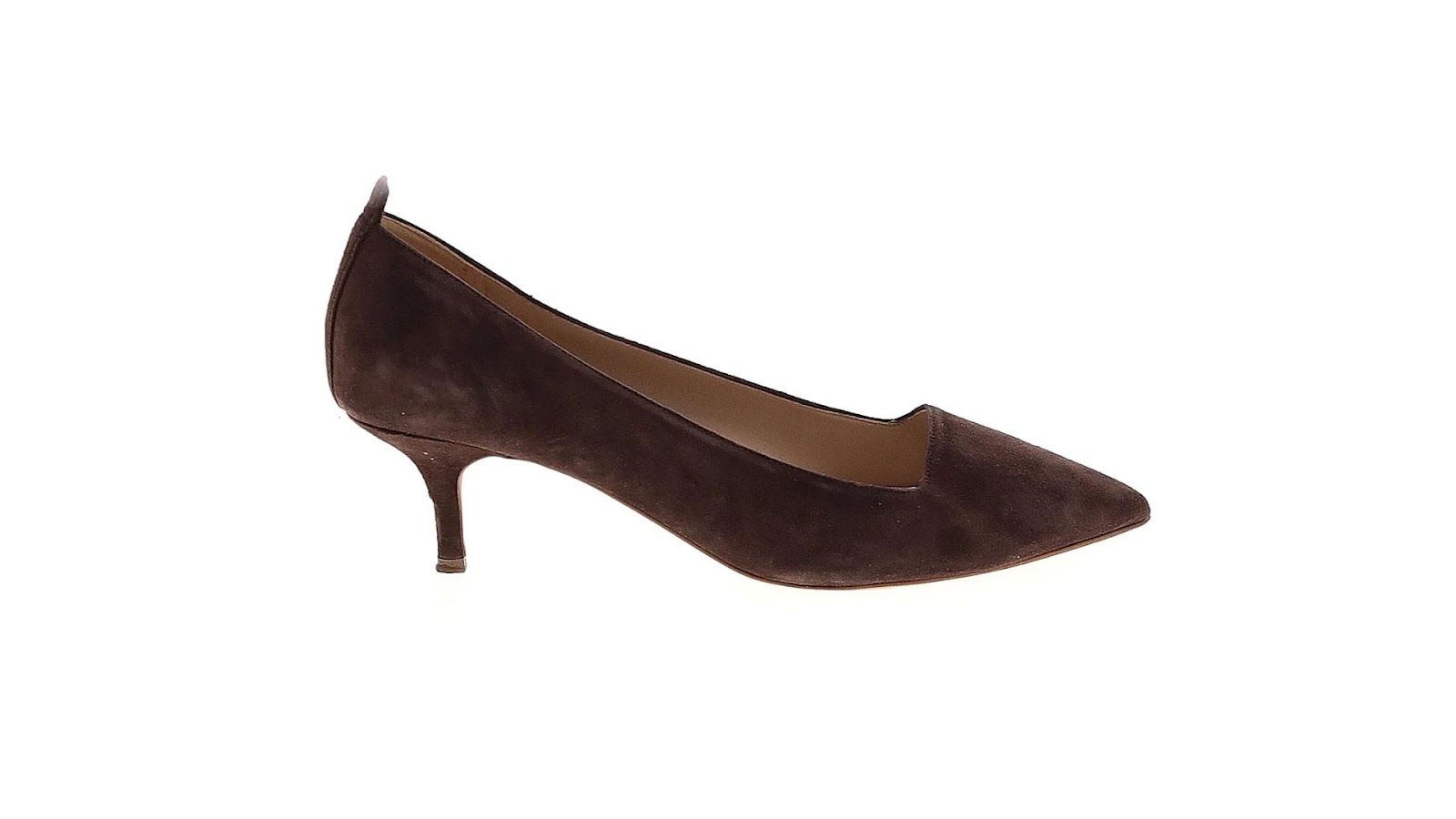 A dark brown kitten-heeled boot.