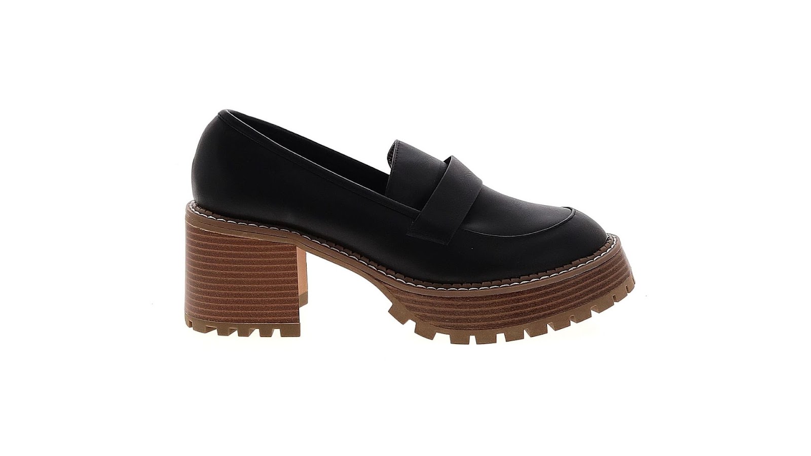 A black loafer heel shoe.