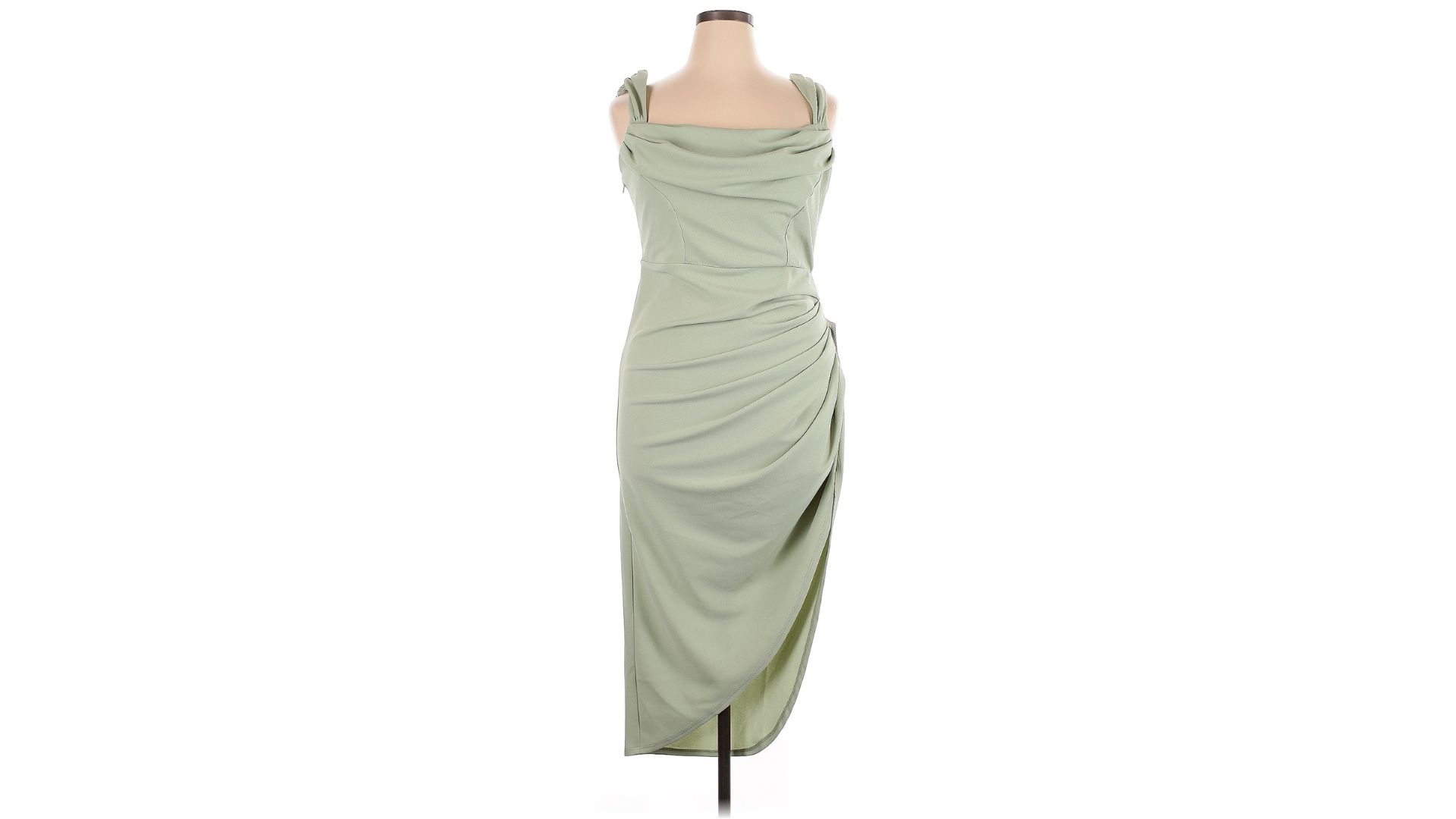 An image of a green cocktail dress from ASOS displayed on a mannequin against a white background.