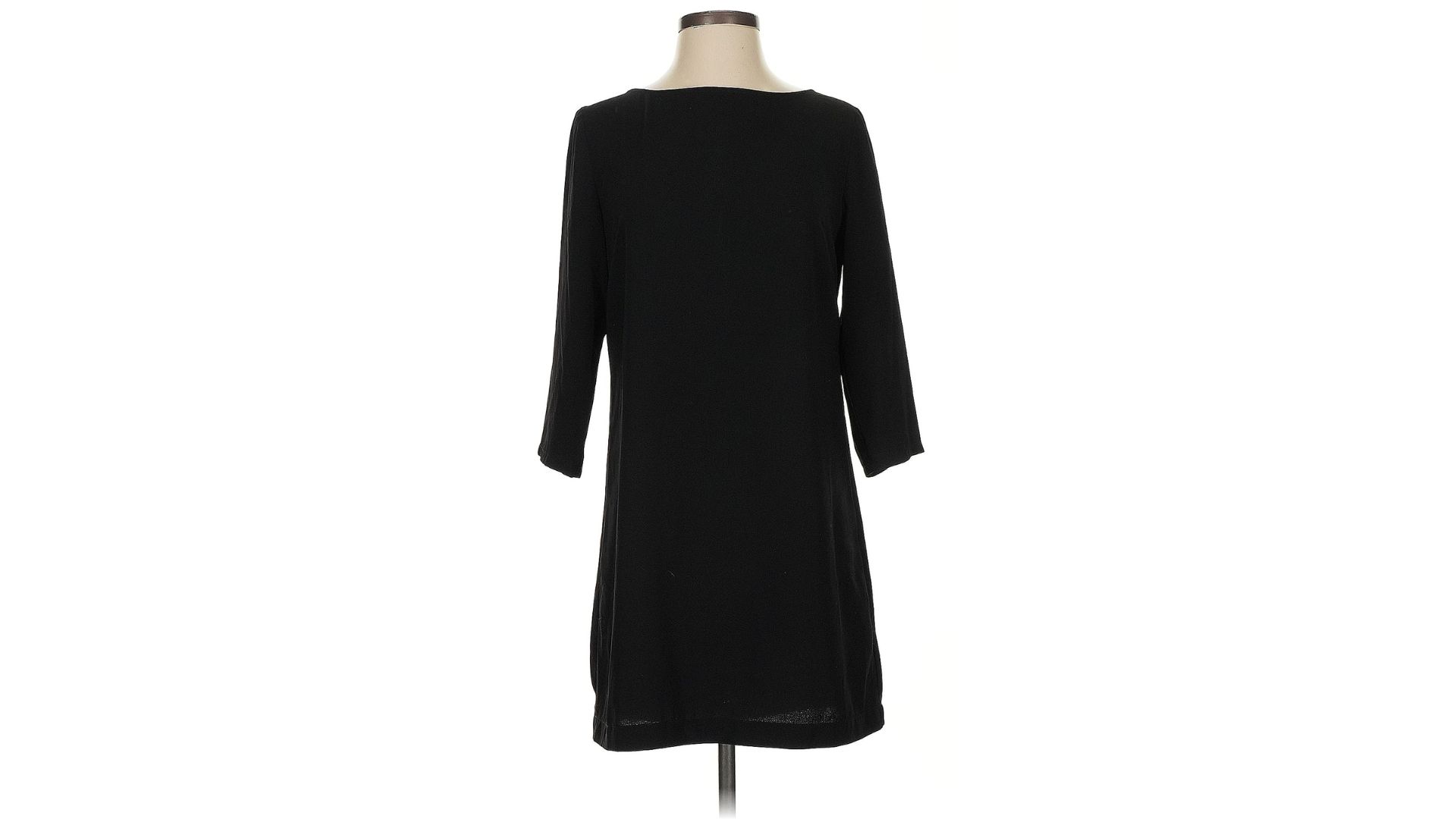 An image of a black mini dress from Nordstrom displayed on a mannequin against a white background.