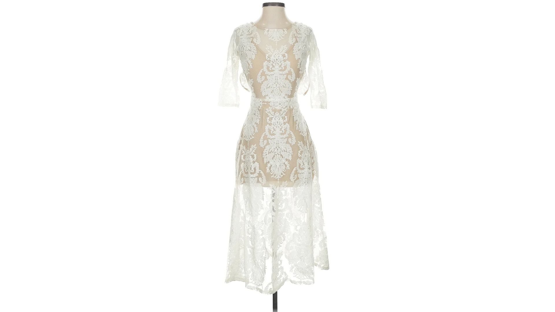 An image of a white midi dress from For Love & Lemons displayed on a mannequin against a white background.