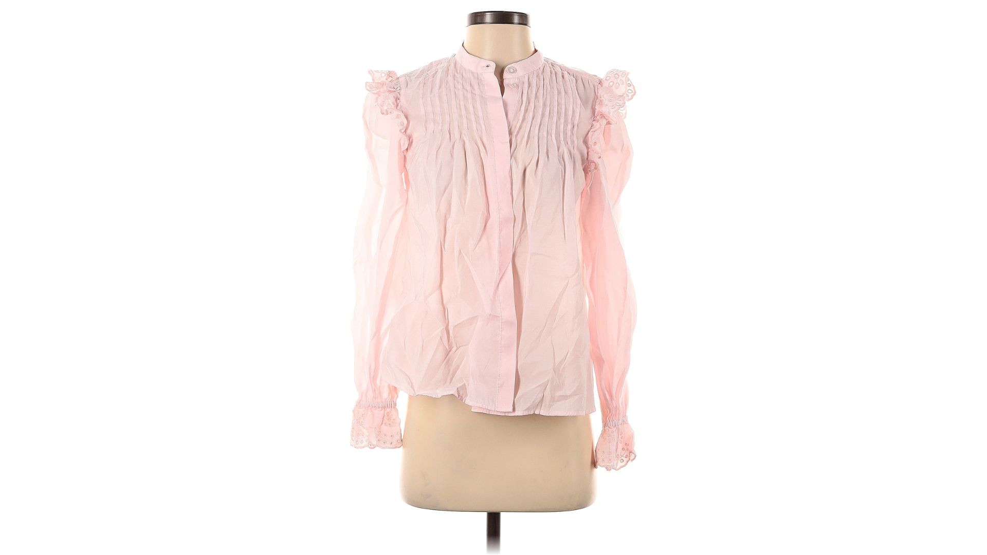 An image of a pink ruffle blouse from & Other Stories displayed on a mannequin against a white background.