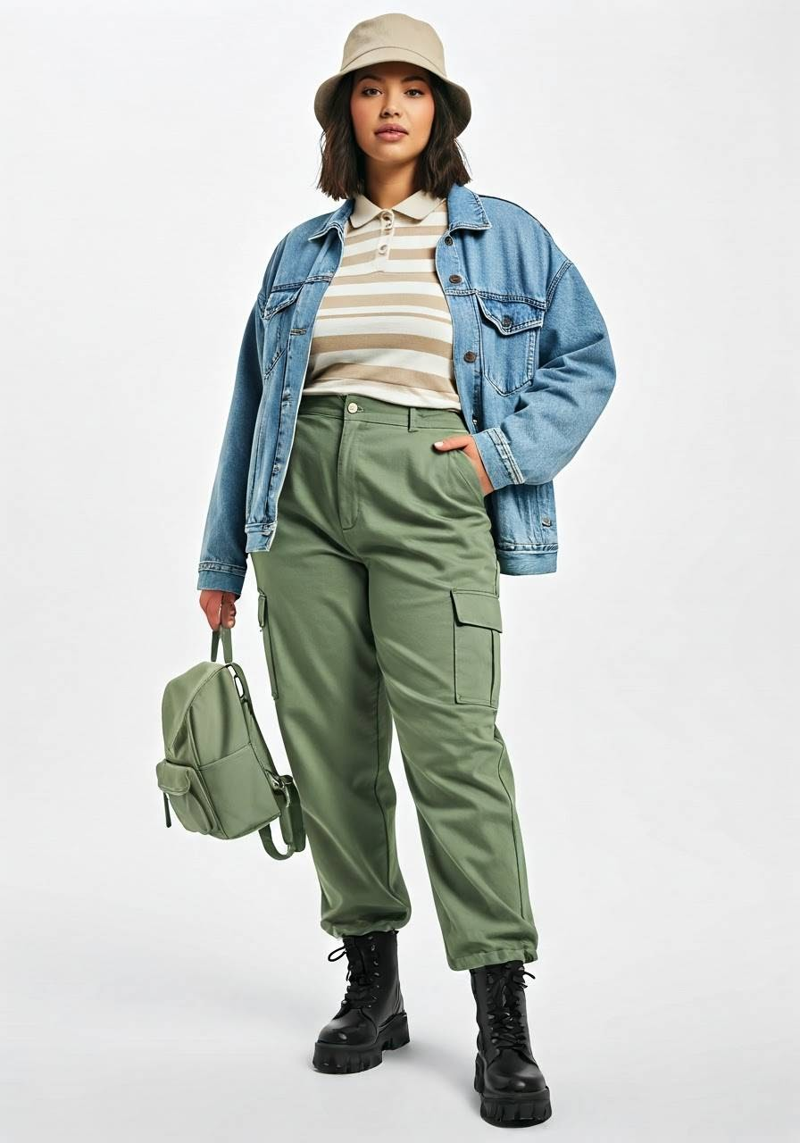 Woman wearing a polo shirt with cargo pants, denim jacket, combat boots, bucket hat, and backpack.