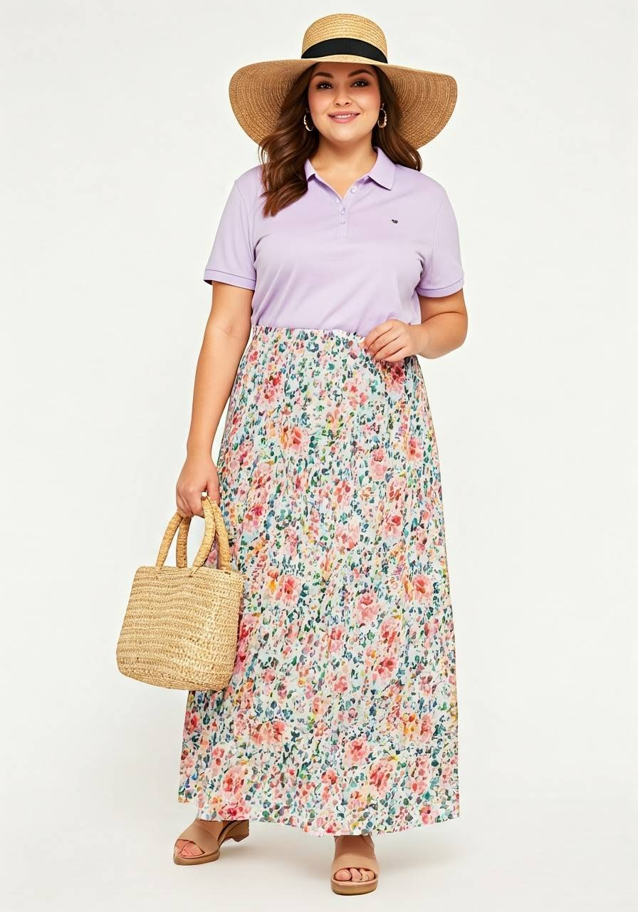 Woman wearing a polo shirt with floral maxi skirt, wide-brimmed hat, woven straw bag, and strappy sandals.