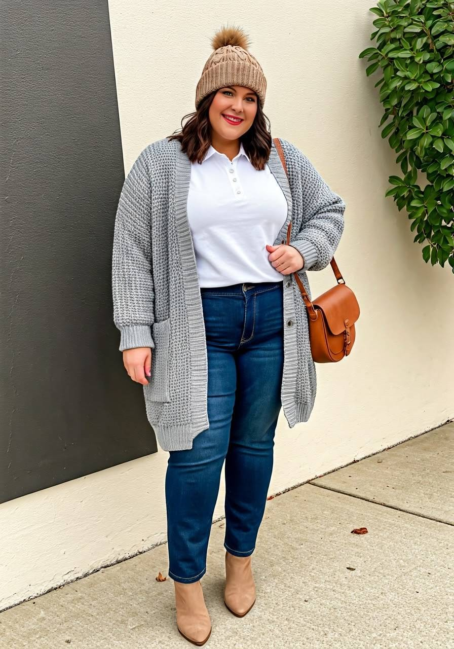Woman wearing a polo shirt with straight-leg jeans, ankle boots, knit cardigan, beanie, and brown shoulder bag.
