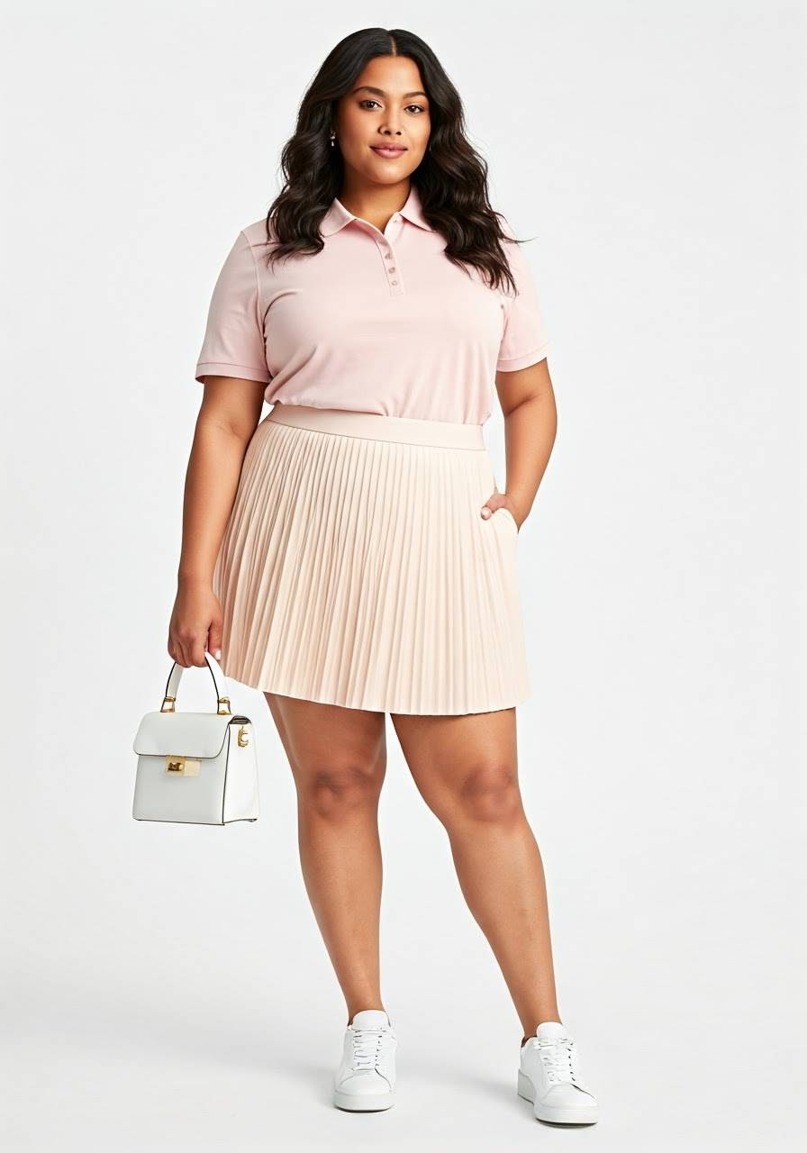Woman wearing a polo shirt with a pleated tennis skirt, white sneakers, and a white handbag.