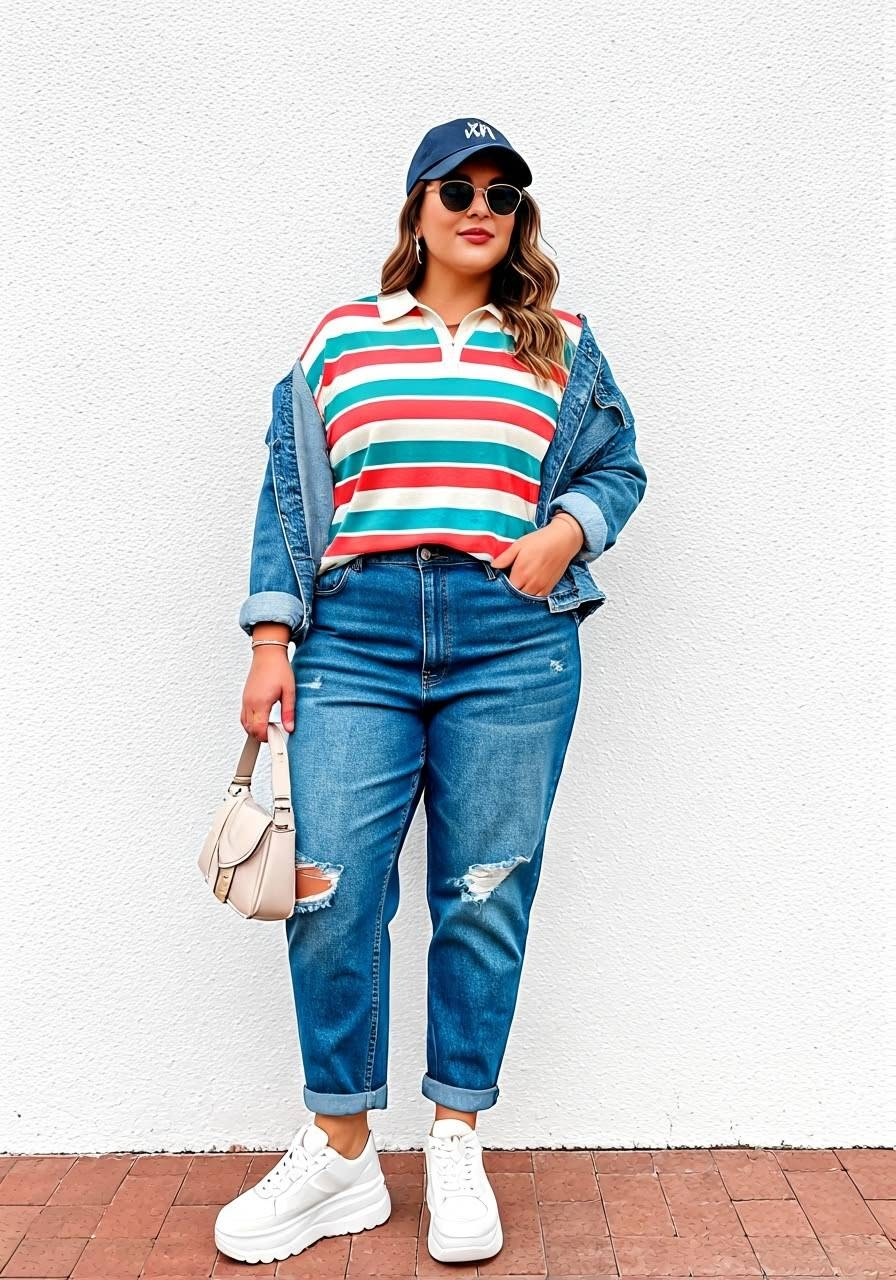 Woman wearing a polo shirt with distressed boyfriend jeans, matching denim jacket, baseball cap, white sneakers, and small handbag.