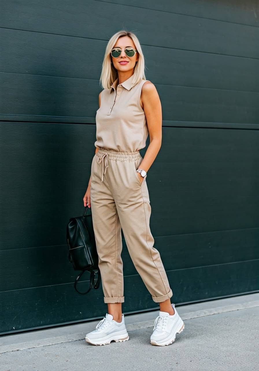 Woman wearing a polo shirt with cropped joggers, white sneakers, and black backpack.