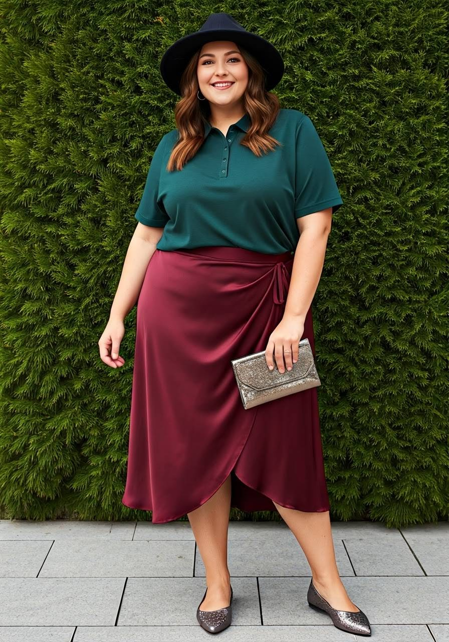 Woman wearing a polo shirt with mid-length silk skirt, pointed-toe flats, black hat, and silver clutch.