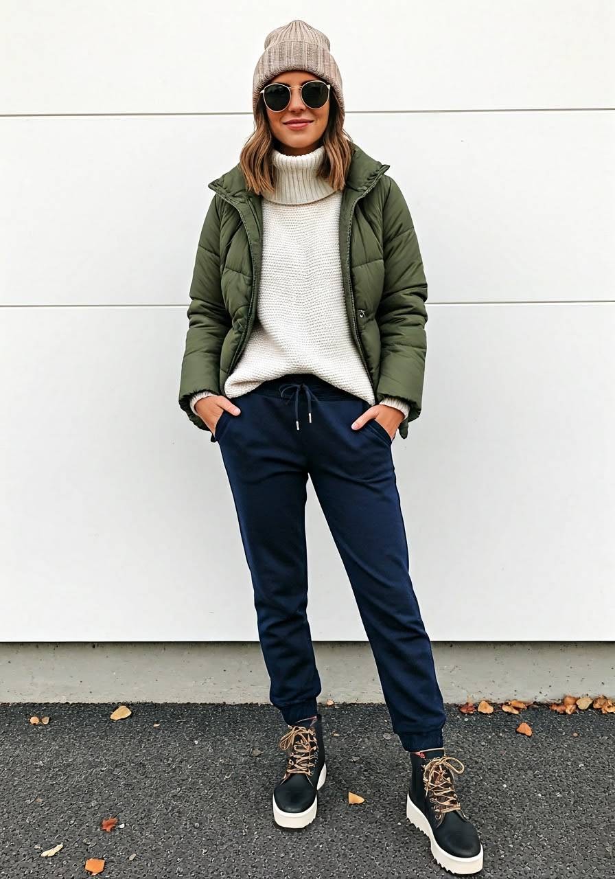 A woman wearing blue sweatpants, a white knit turtleneck, black chunky boots, a green jacket, sunglasses, and a tan beanie.