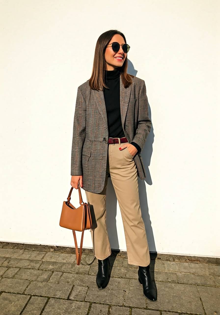 A woman wearing beige pants, black ankle boots, a black turtleneck, sunglasses, and a plaid blazer while holding a brown handbag.