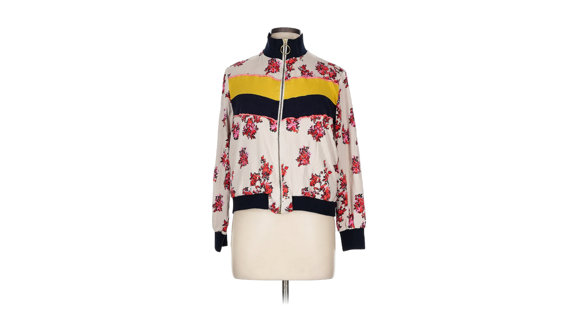 A woman's jacket with a bright floral pattern