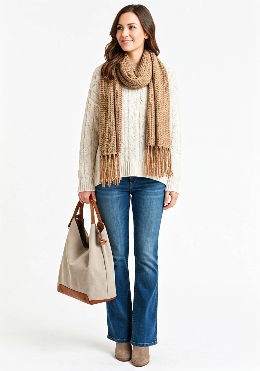 A woman wearing jeans, a cozy sweater, and a stylish scarf, standing casually with a friendly smile.