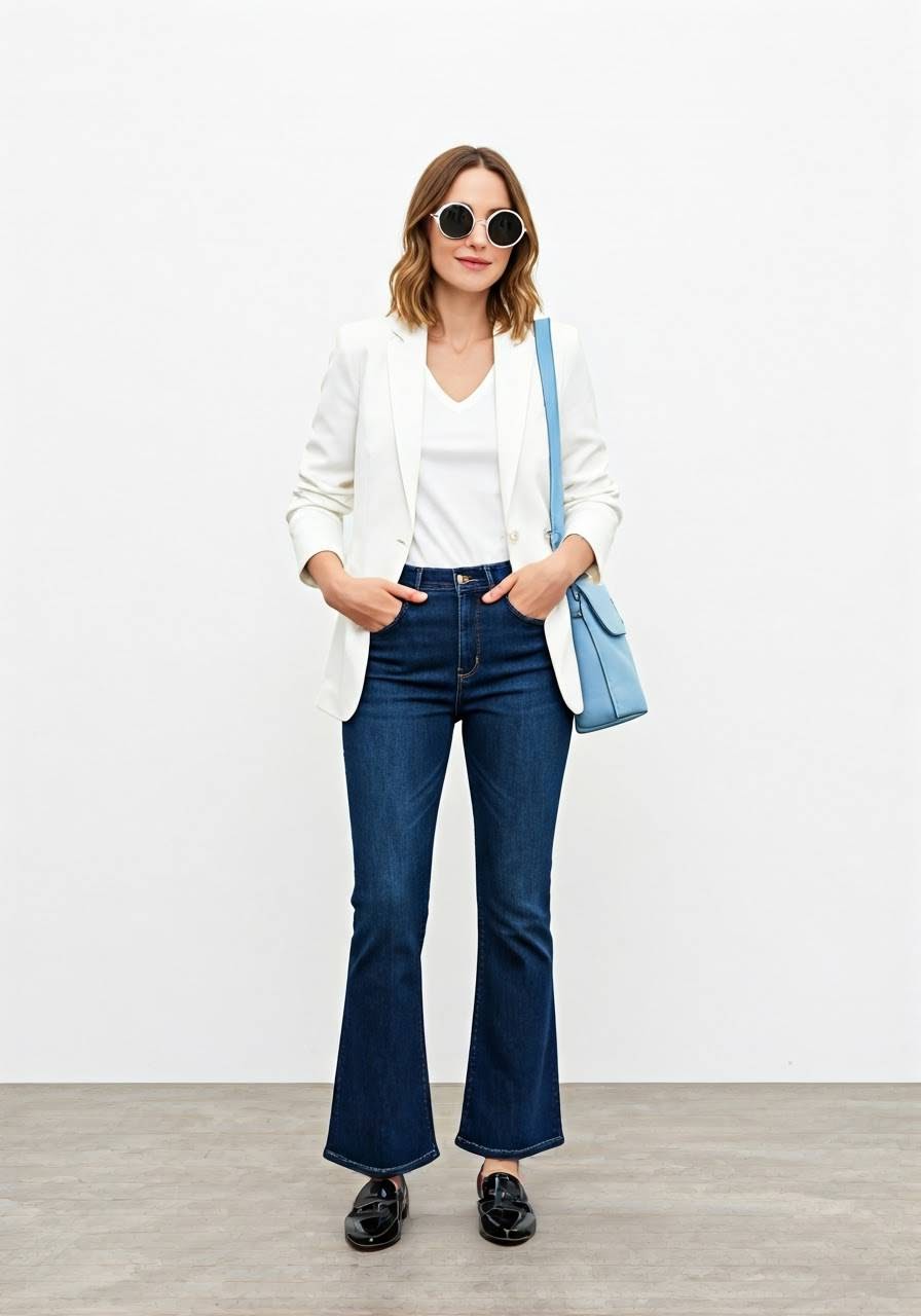 A woman wearing a white blazer over jeans smiles, embodying a modern and trendy look.