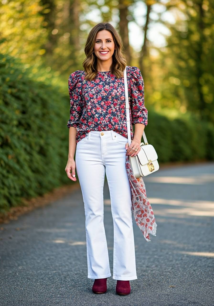 A woman wearing white jeans and a colorful floral top.