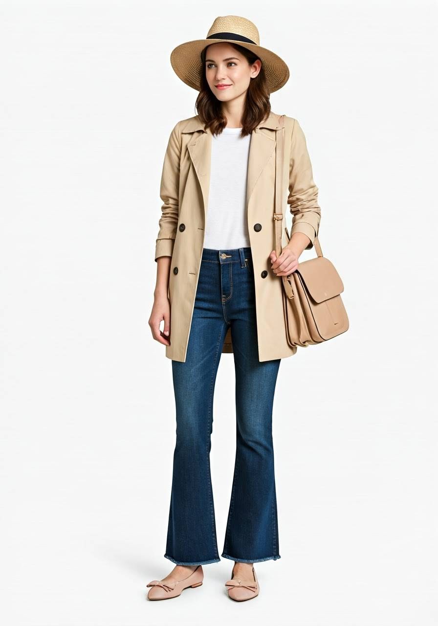 A stylish woman wearing a trench coat, ballet flats, jeans, and a hat poses casually.