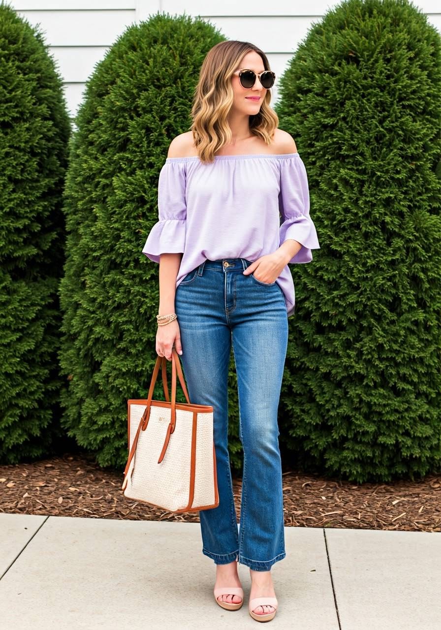 A woman wearing a lavender off-the-shoulder top paired with jeans and strappy heels.