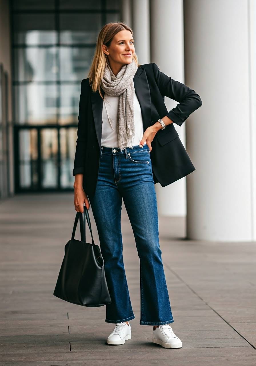 A woman dressed in a blazer, scarf and jeans stands confidently.