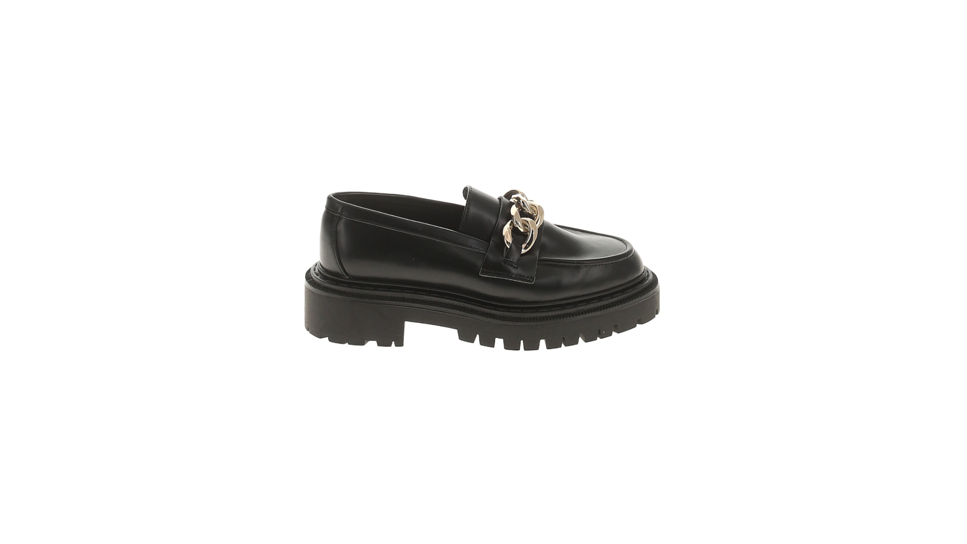 Black loafers with a gold chain.