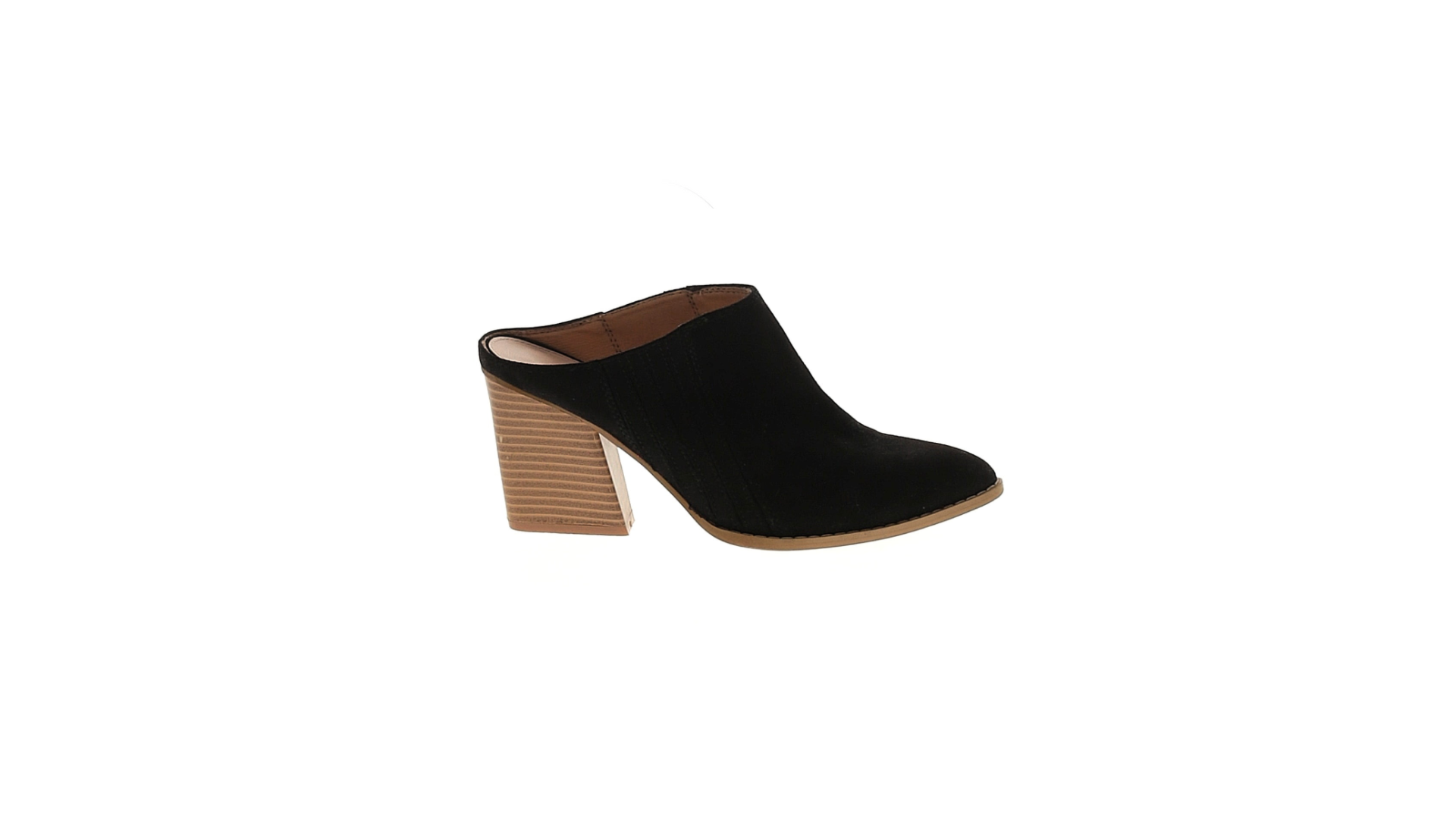 Black heeled mules with brown soles and heels