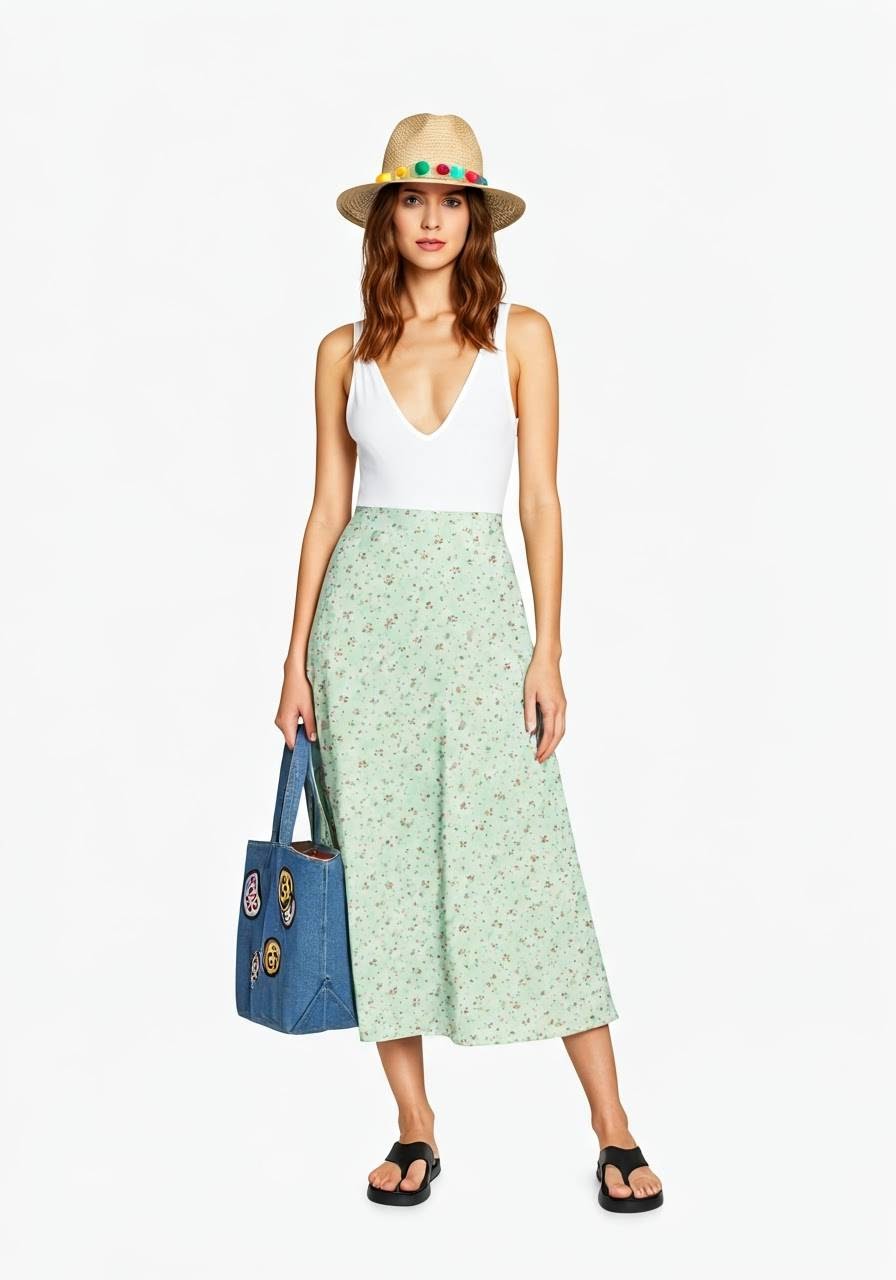 A woman wearing a white bodysuit with a summer midi skirt,  thong sandals and a hat.