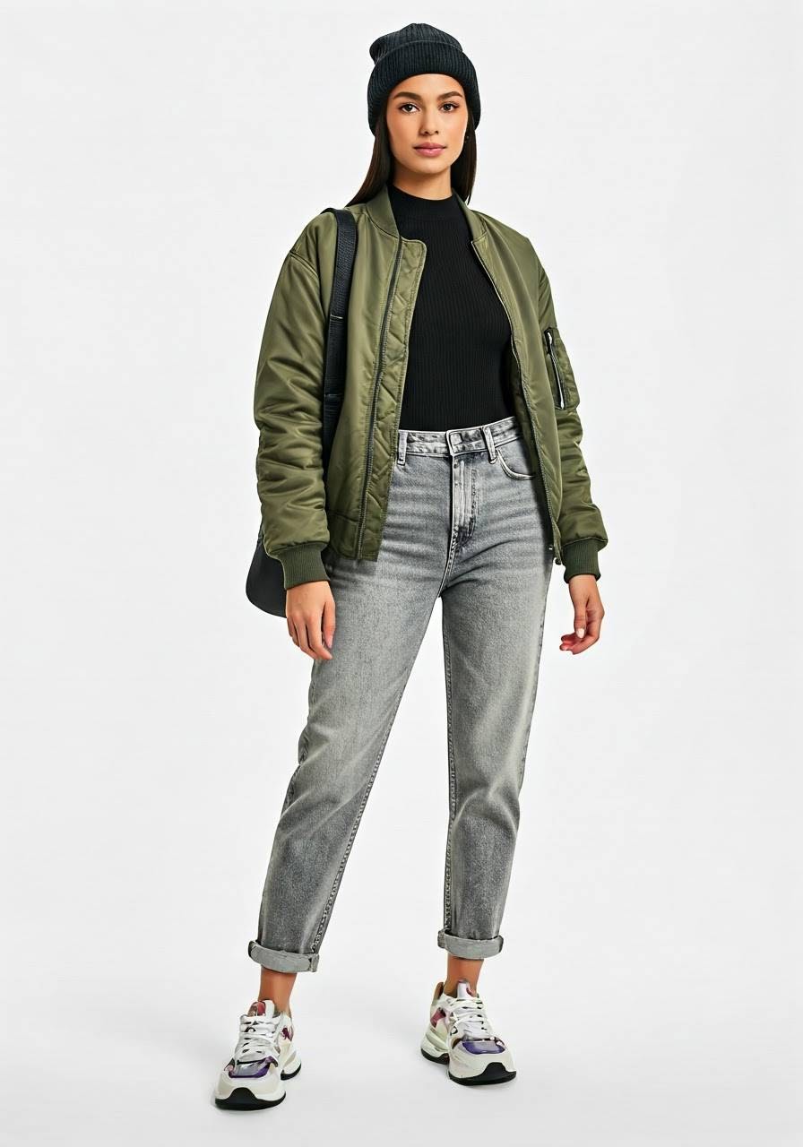 A woman wearing slouchy boyfriend jeans against a slim black bodysuit with a thick bomber jacket, knit beanie, and chunky retro sneakers