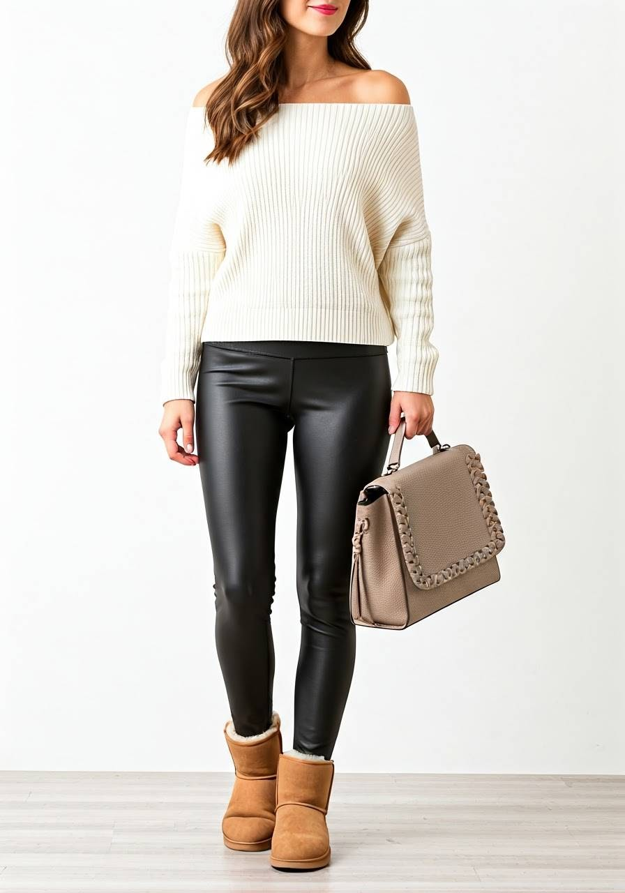A woman wearing UGG boots, leather leggings, an off-the-shoulder knit sweater, and a tan handbag.