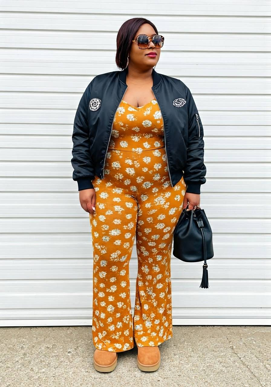 A woman wearing UGG boots, an orange floral jumpsuit, a cropped bomber jacket, a small handbag, and wide-frame sunglasses.