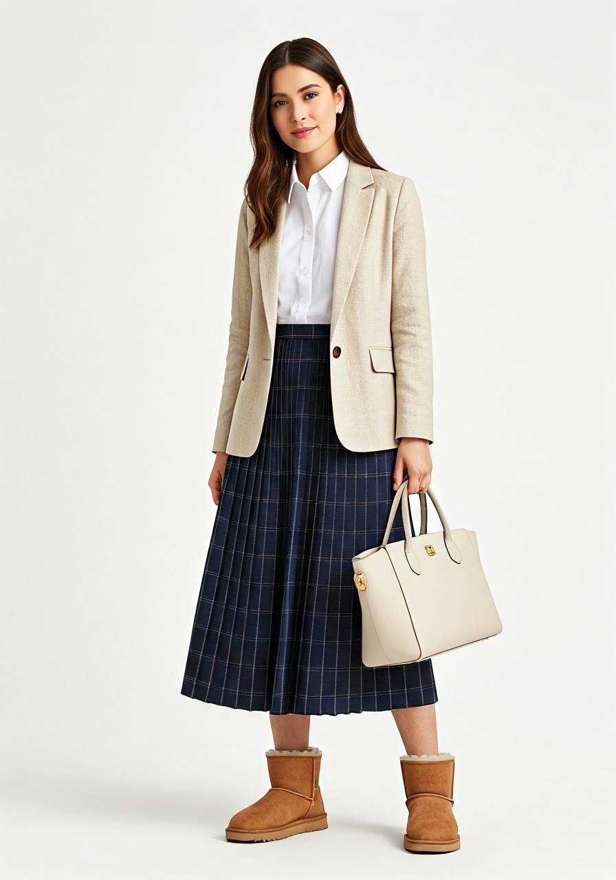 A woman wearing UGG boots, a pleated maxi skirt, a tucked-in white shirt, a blazer, and a matching handbag.