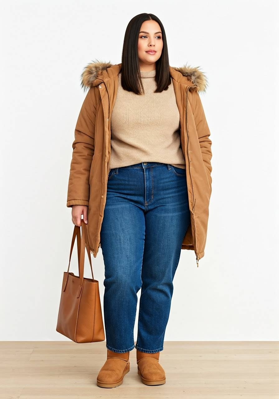 A woman wearing UGG boots, a fur-trimmed coat, straight-leg jeans, a sweater, and a brown handbag.