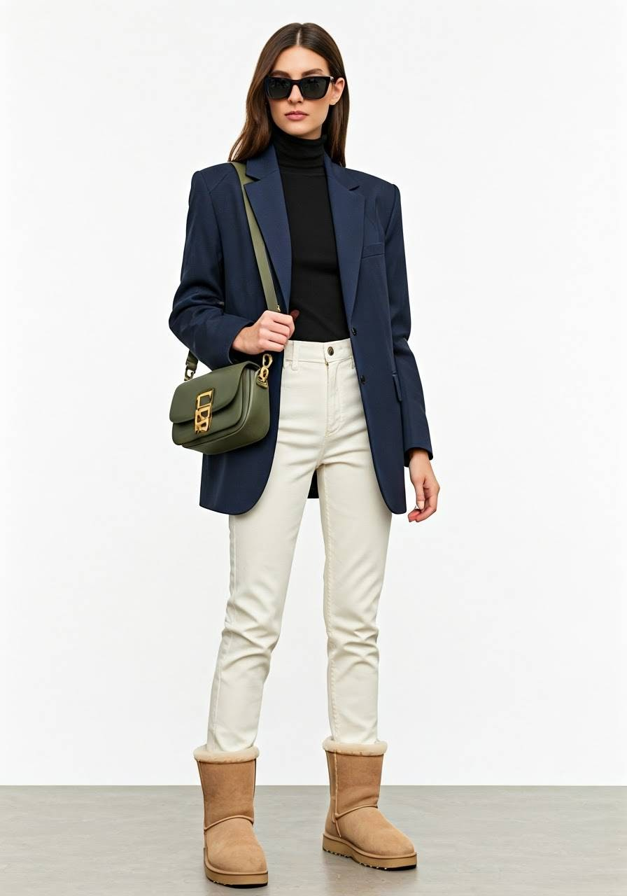 A woman wearing UGG boots, neutral jeans, a black turtleneck, a navy blazer, a green shoulder bag, and sunglasses.