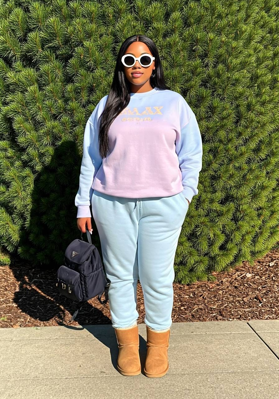 A woman wearing UGG boots, a matching light blue sweatpants and sweatshirt set, a Prada backpack, and sunglasses.