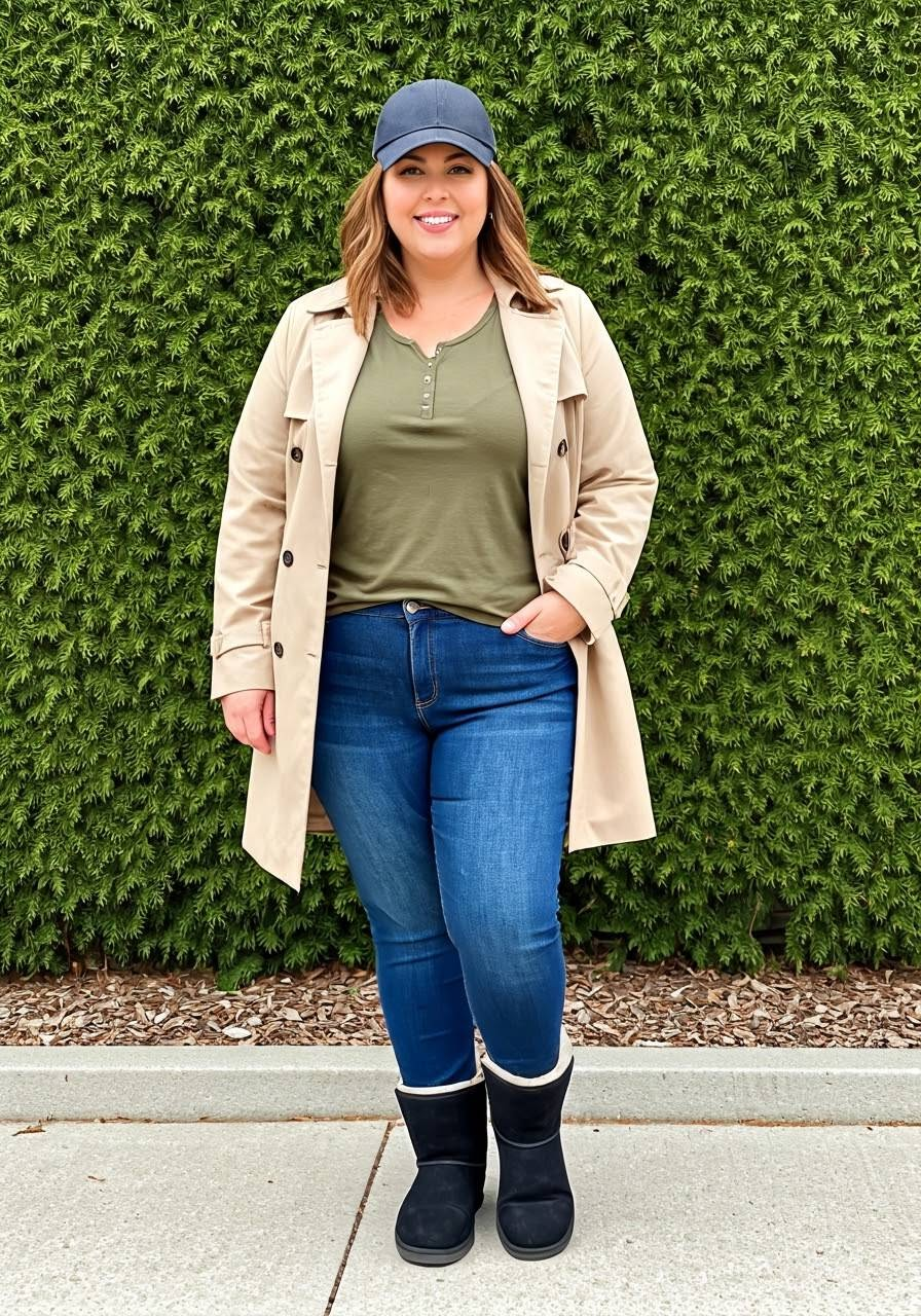 A woman wearing UGG boots, skinny jeans, a green top, a trench coat, and a baseball cap.