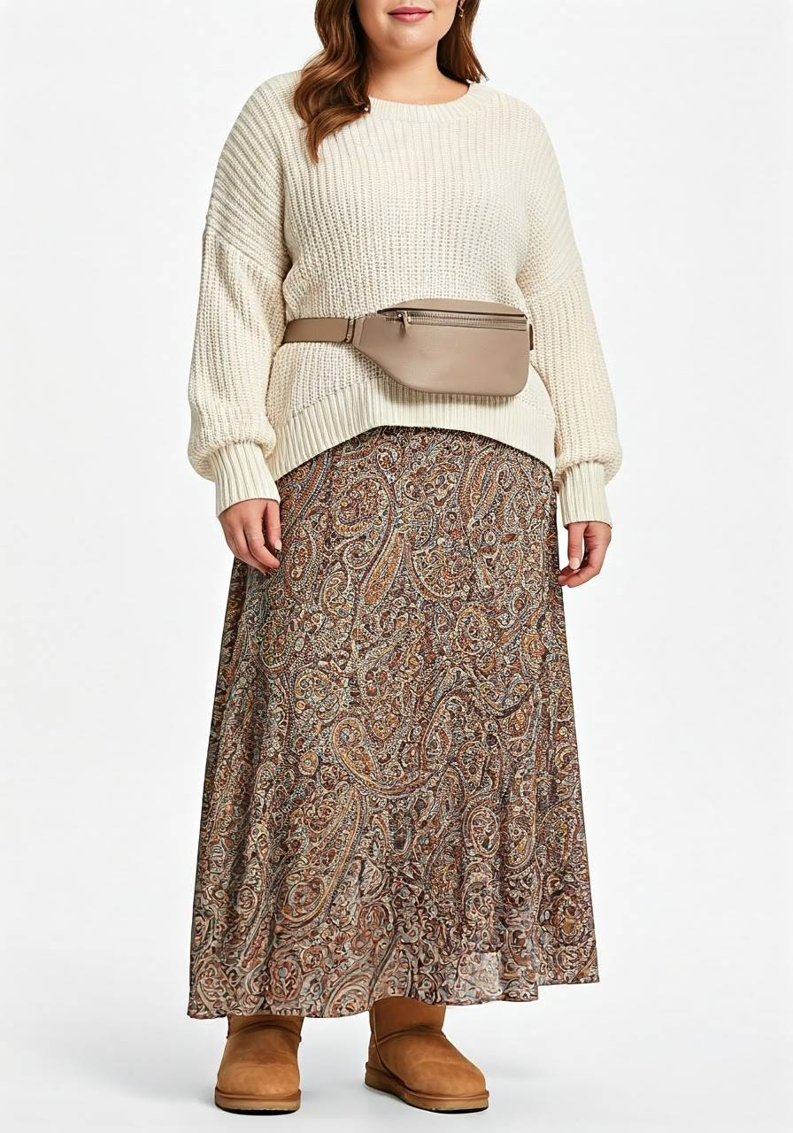 A woman wearing UGG boots, a patterned maxi skirt, a knit sweater, and a belt bag.