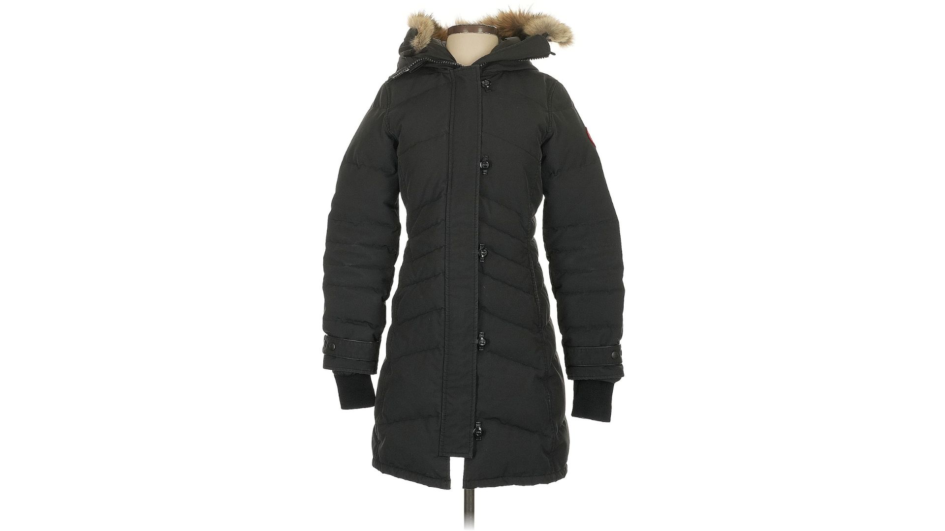 A black Canada Goose parka on a mannequin.