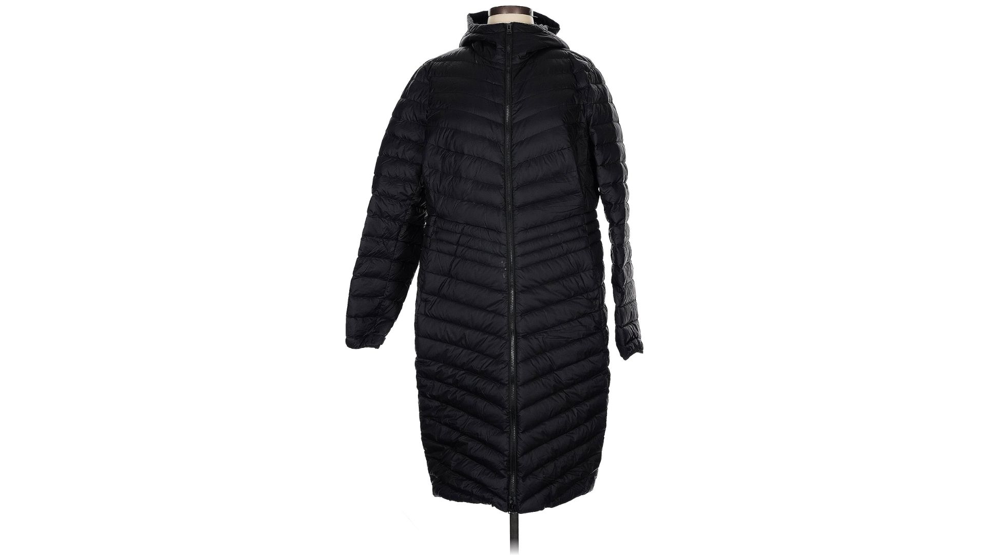 A black Lands' End parka on a mannequin.