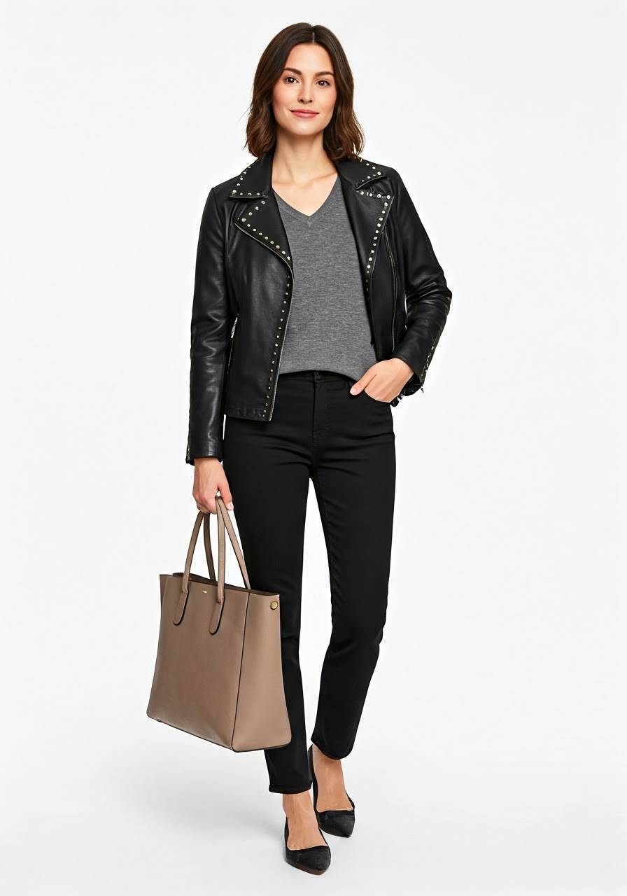 A woman wearing a gray t-shirt, black pointed-toe shoes with a black leather jacket and pants, and a brown bag.