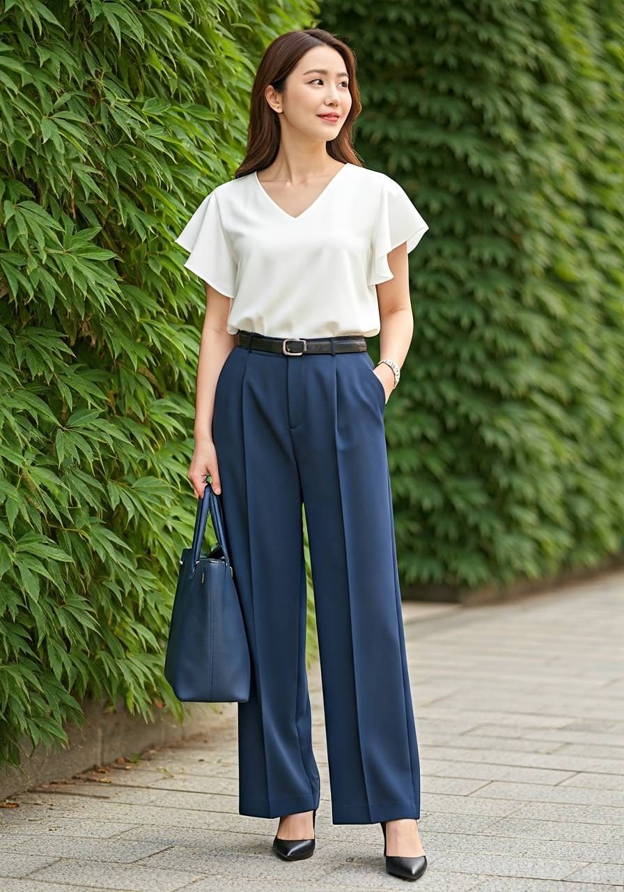 A woman wearing navy blue pants and a bag, with a white v-neck t-shirt and black shoes.