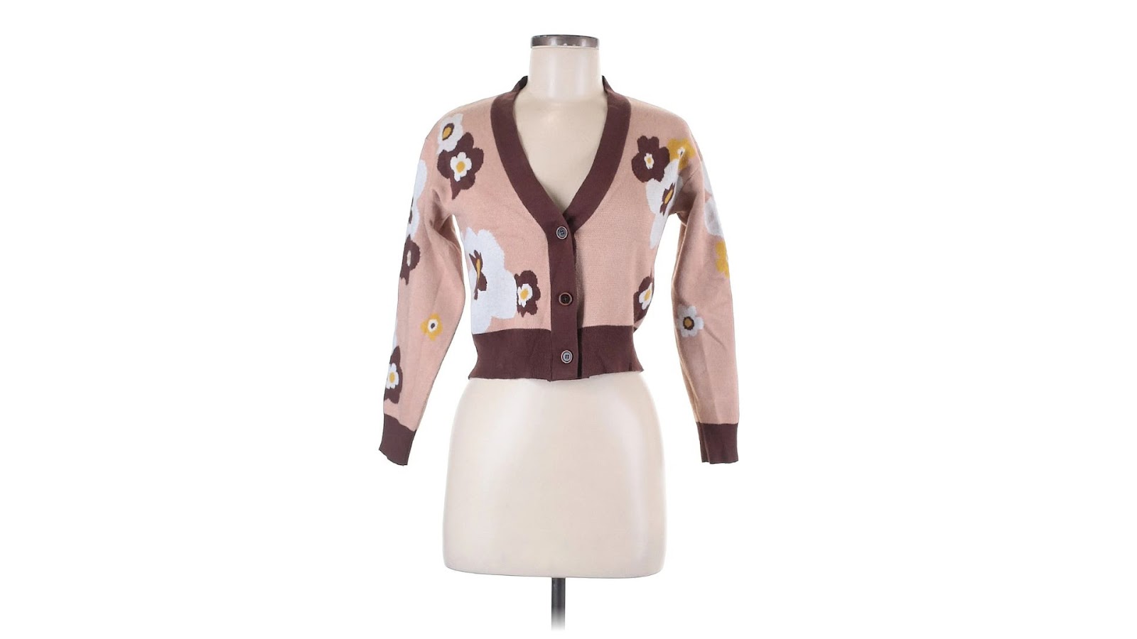 A pink cardigan with a flowers design and buttons from Shein.