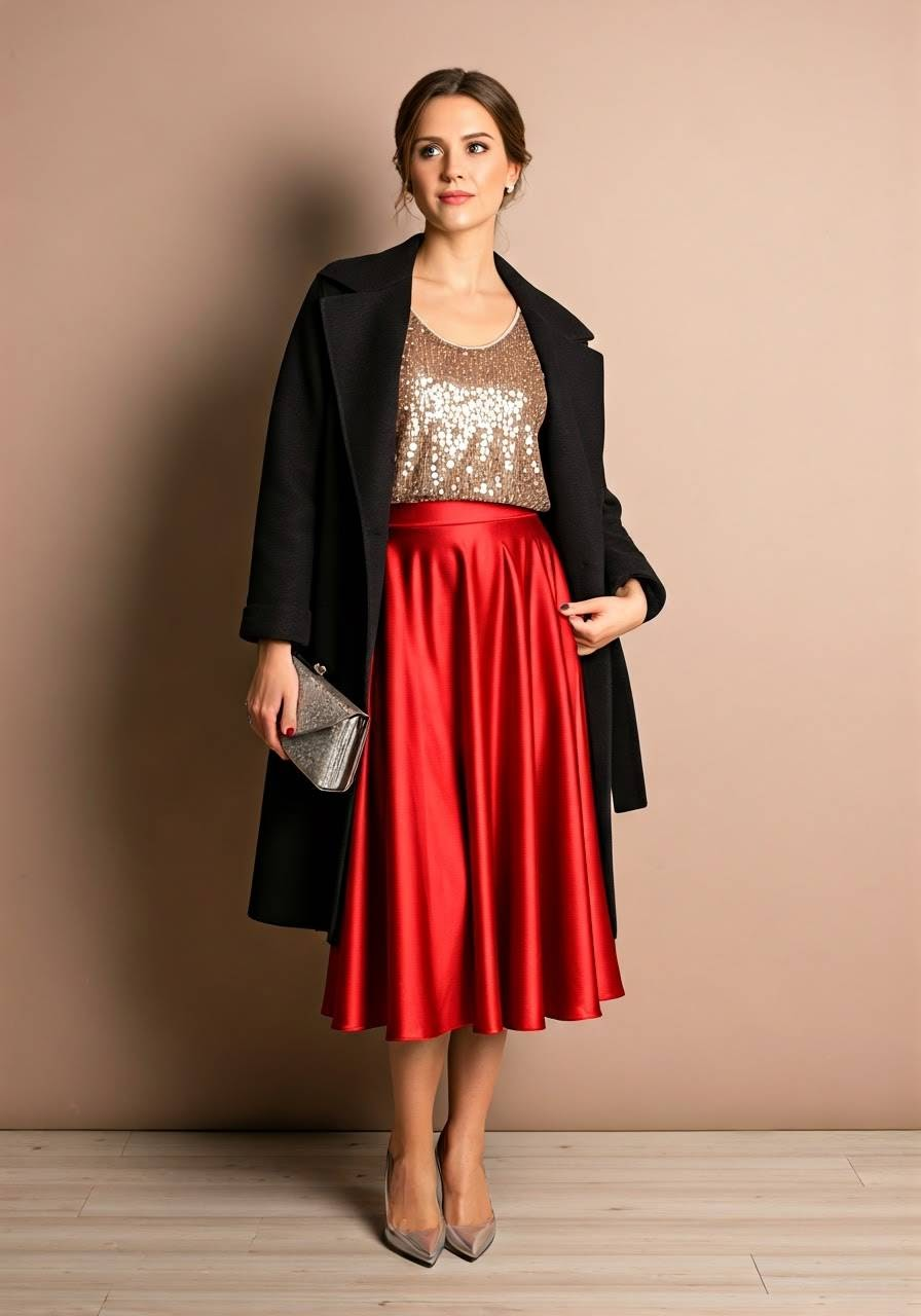 A woman wearing a satin skirt, a sequin top, metallic heels, a coat, and a clutch.