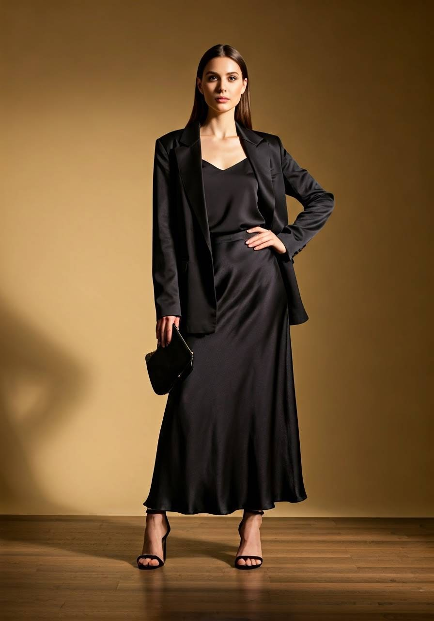 A woman wearing a black monochrome outfit featuring a satin skirt, heels, oversized blazer, silk tank, and a black handbag.